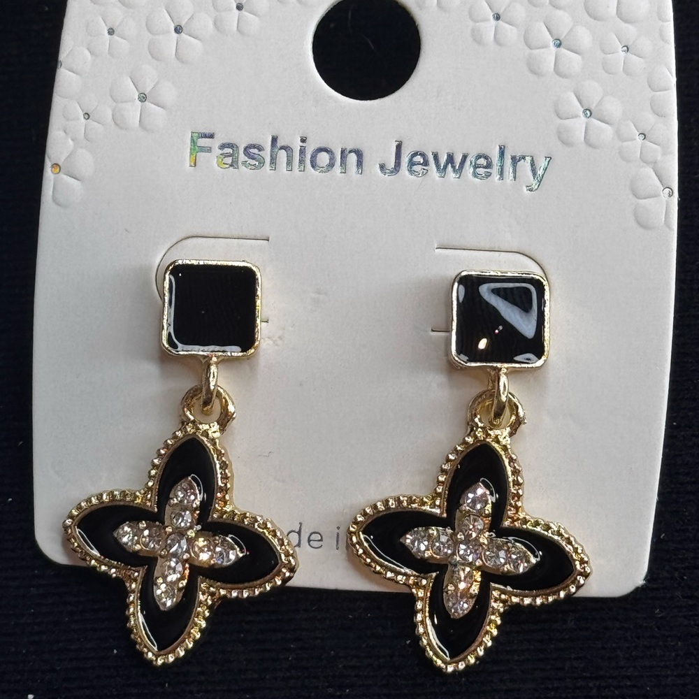 Black & Crystal Clover Drop Earrings - Fashion Jewelry NWT 1.5 inch Gold Tone
